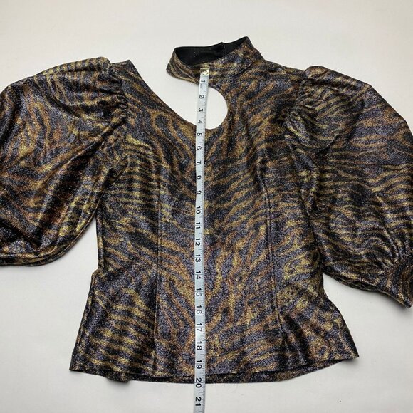 GANNI Metallic Puff Sleeve Top Animal Print Keyhole Neck Size 36 - Picture 6 of 6